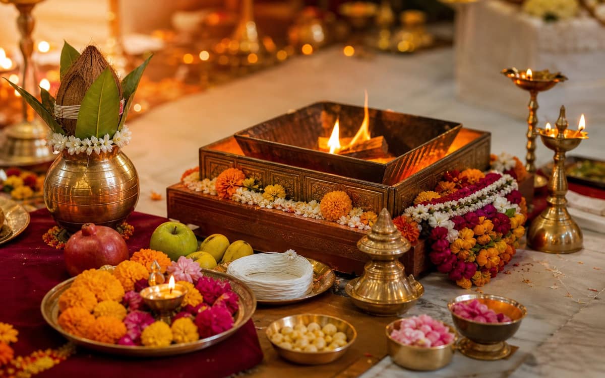 AI generated havan kund and Vedic ceremony arrangement with kalash and diyas