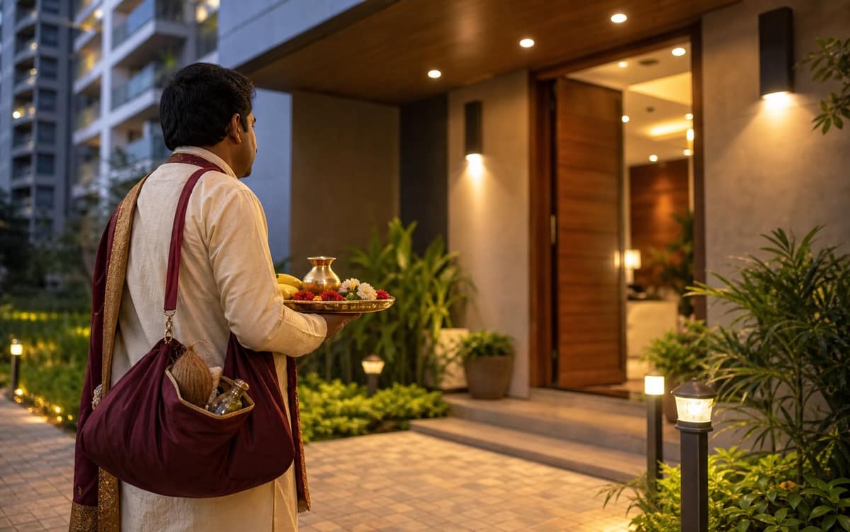 AI generated North Indian pandit arriving for doorstep puja service in Bangalore