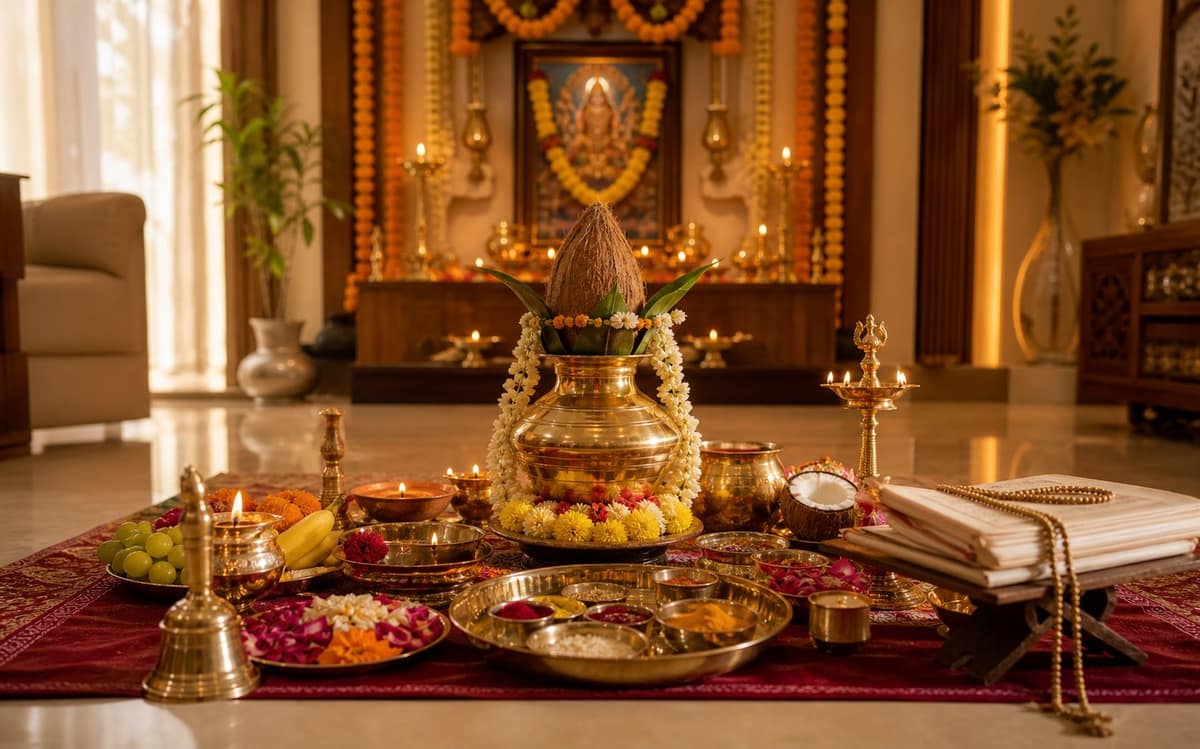 AI generated Vedic puja altar prepared inside a Bangalore home